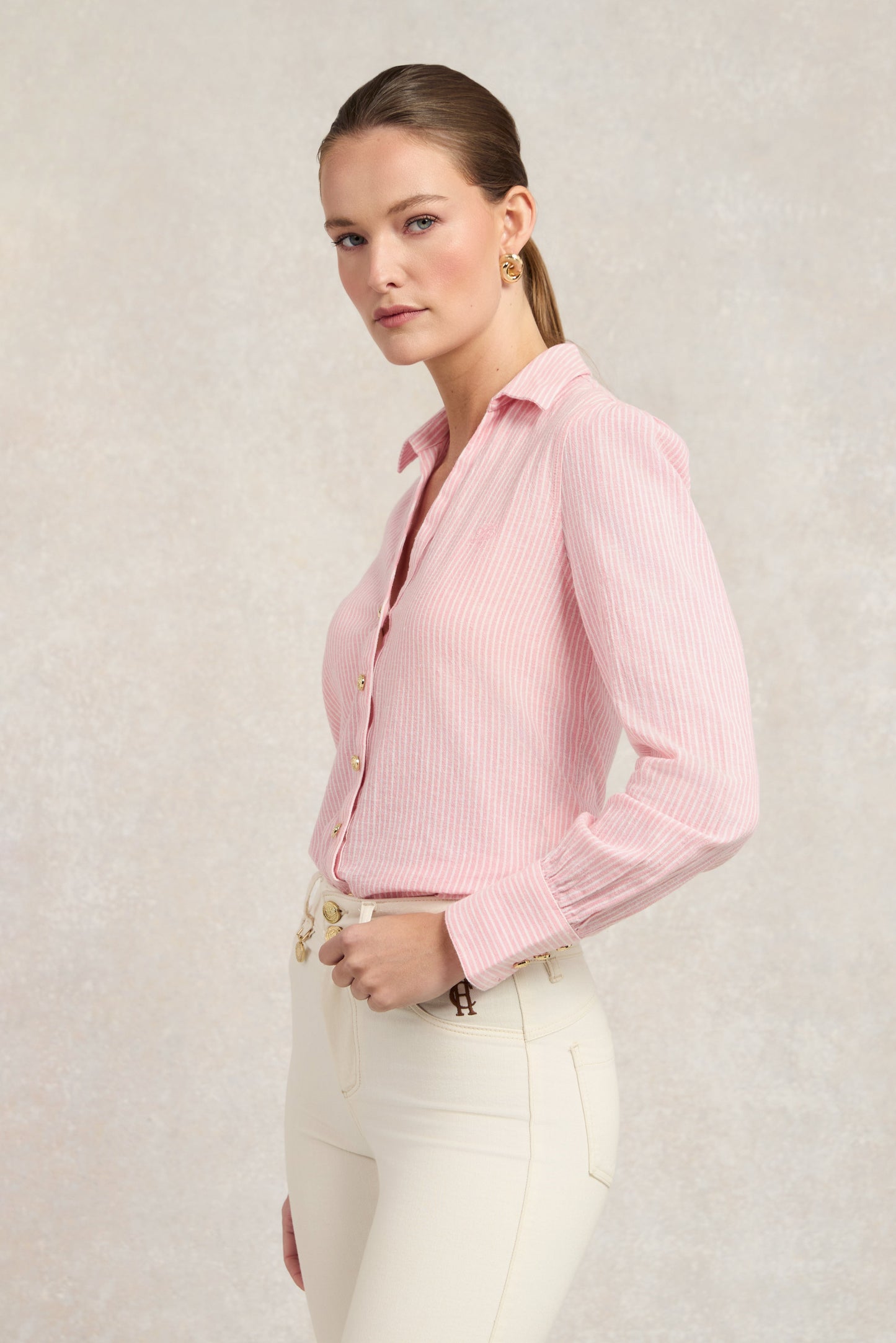 Classic V-Neck Blouse (Pink Stripe)