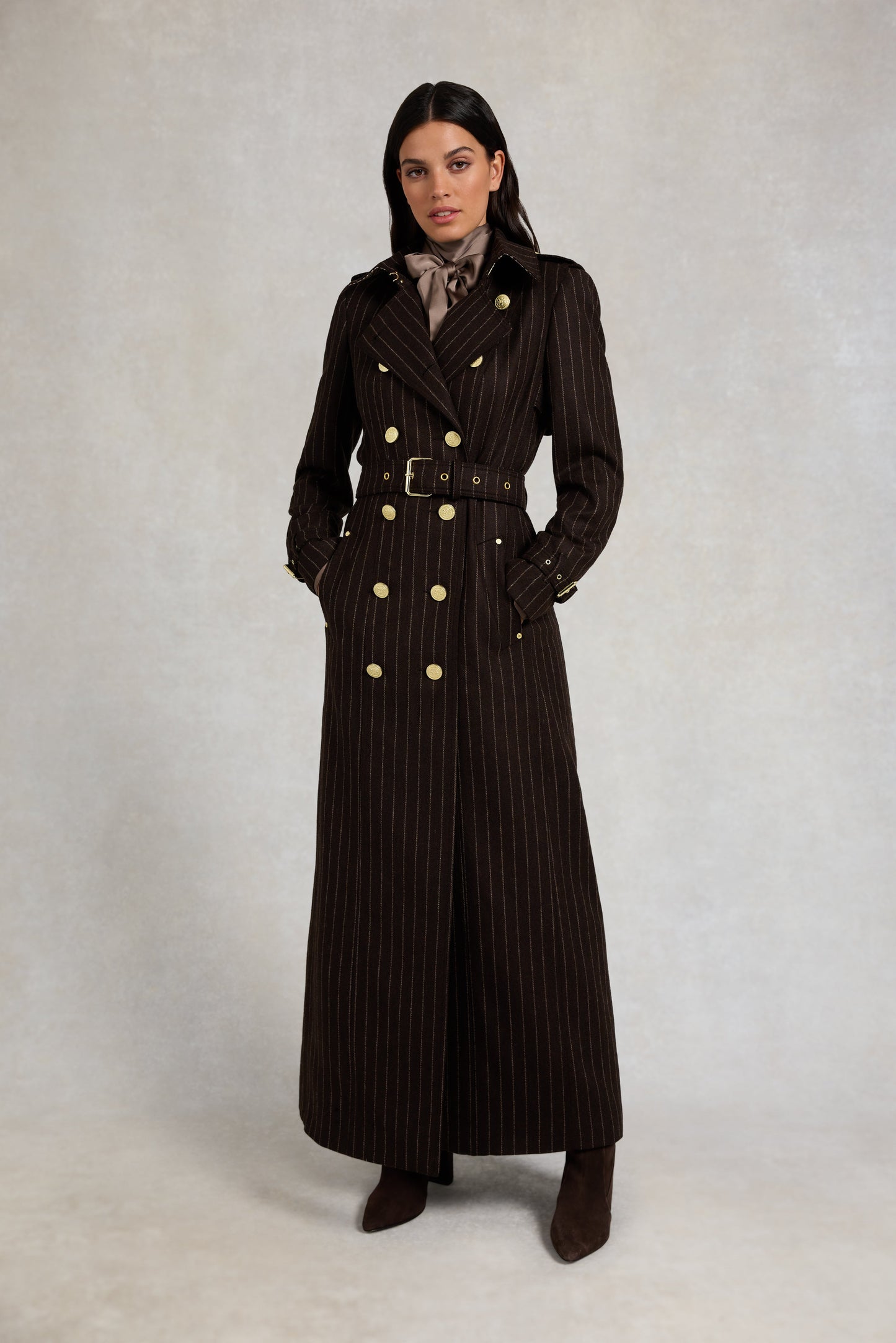 Full Length Marlborough Trench Coat (Chocolate Pinstripe)