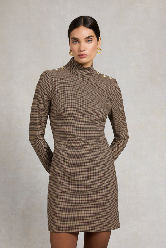 Cara Country Mini Dress (Mocha Houndstooth)