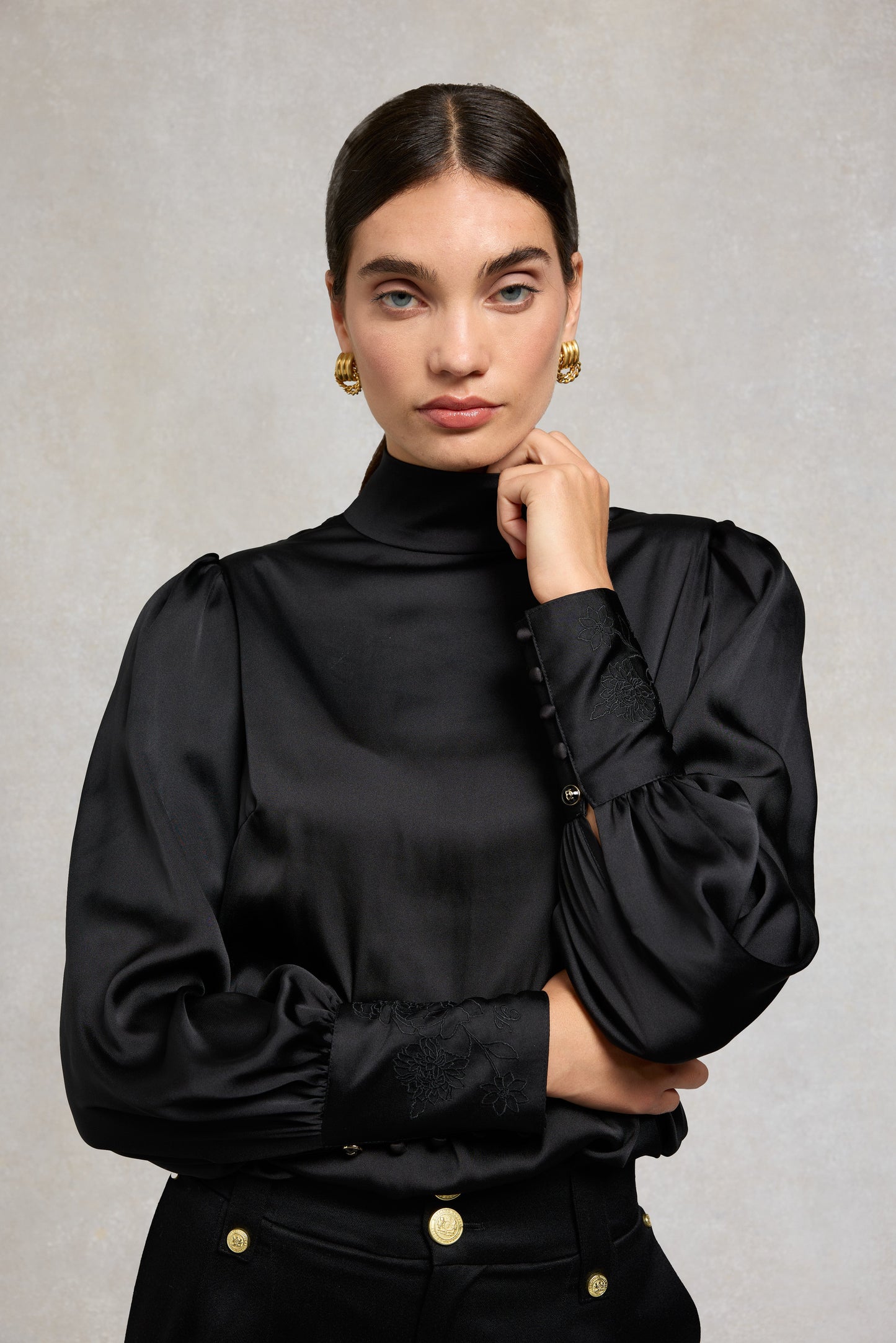 Carmen High Neck Blouse (Black Satin)