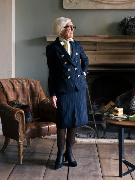 Mary's Navy Chalk Pinstripe Look