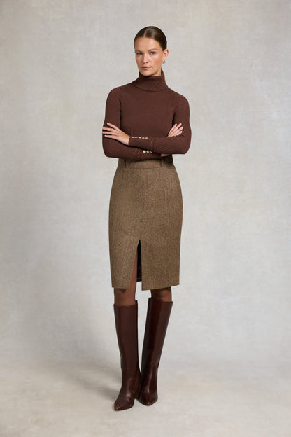 Mayfair Pencil Skirt (Large Scale Brown Herringbone)