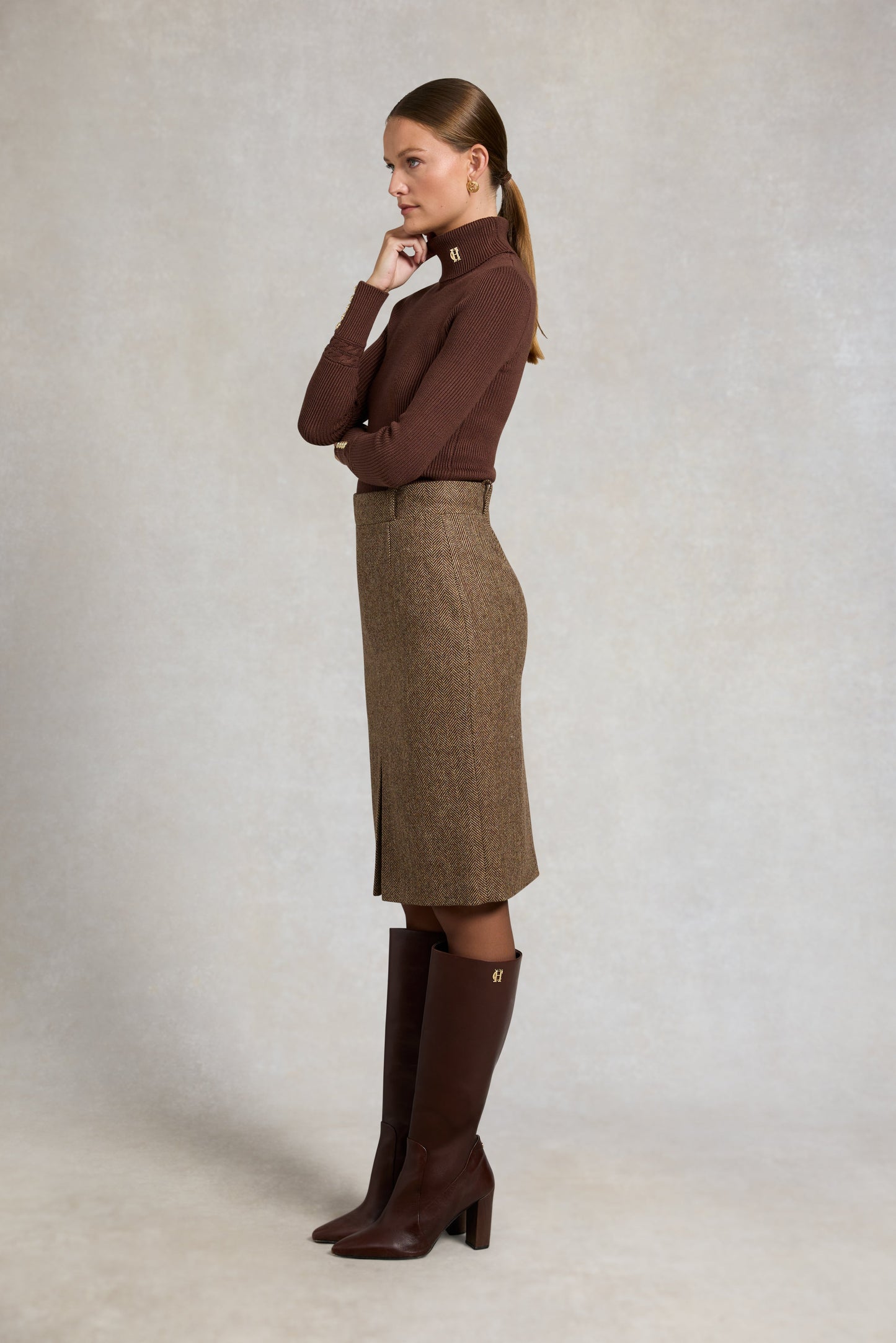 Mayfair Pencil Skirt (Large Scale Brown Herringbone)
