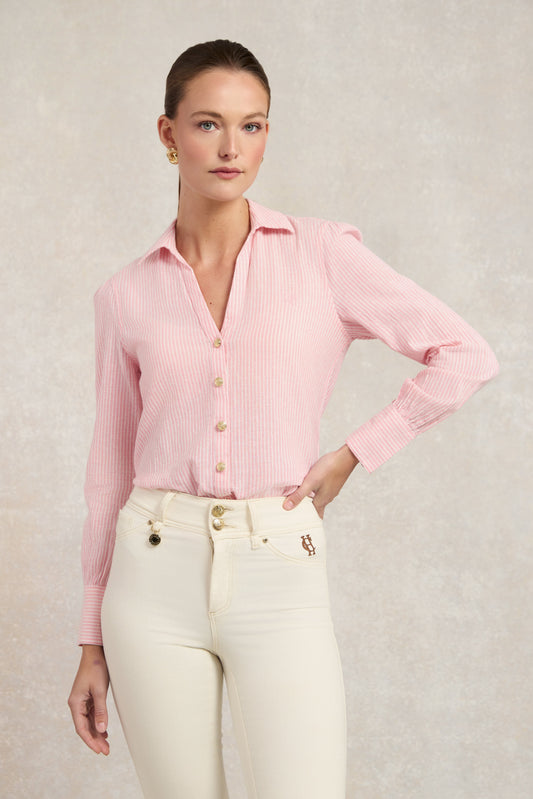 Classic V-Neck Blouse (Pink Stripe)