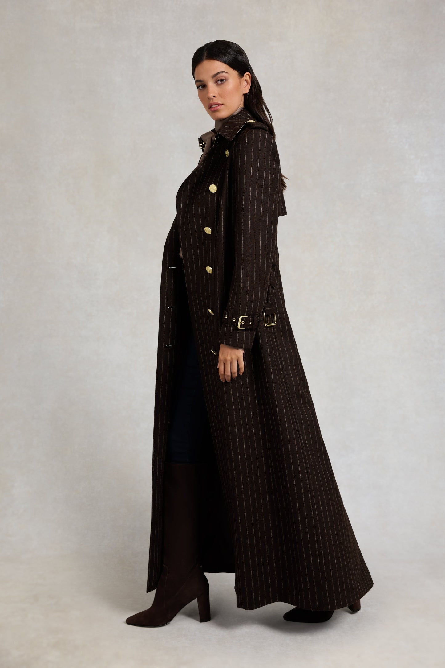 Full Length Marlborough Trench Coat (Chocolate Pinstripe)