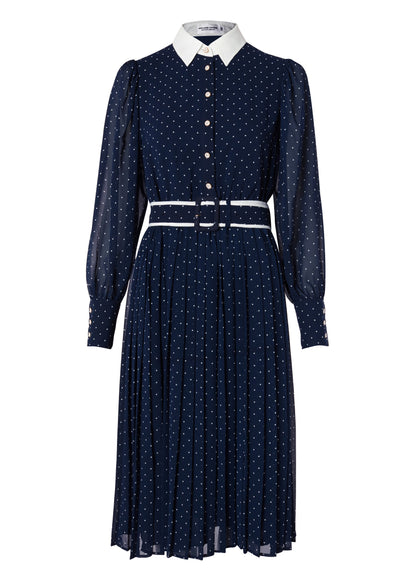 Annabel Pleated Midi Dress (Ink Navy Polka Dot)