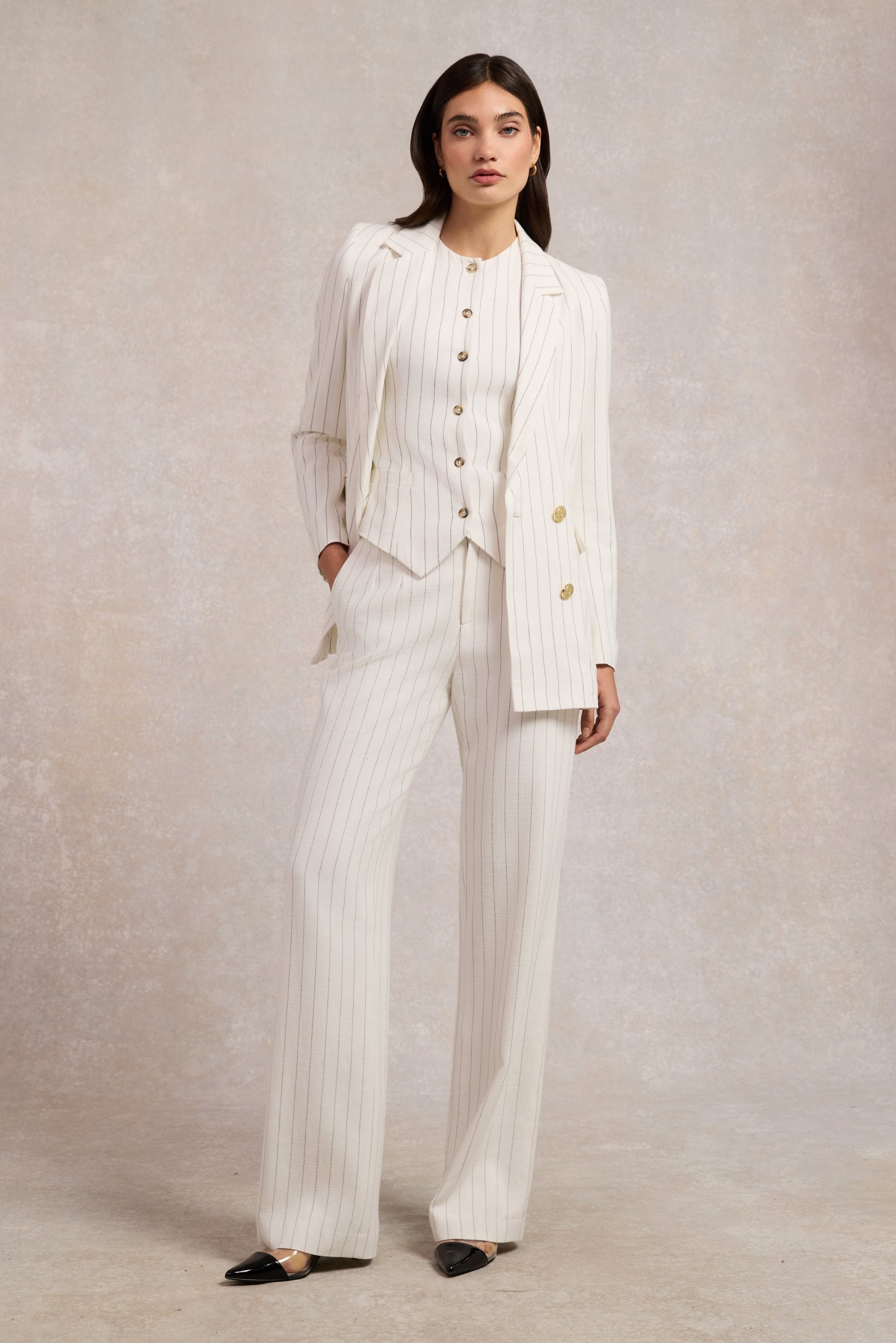 High Waisted Straight Trouser (Oyster Linen Pinstripe)