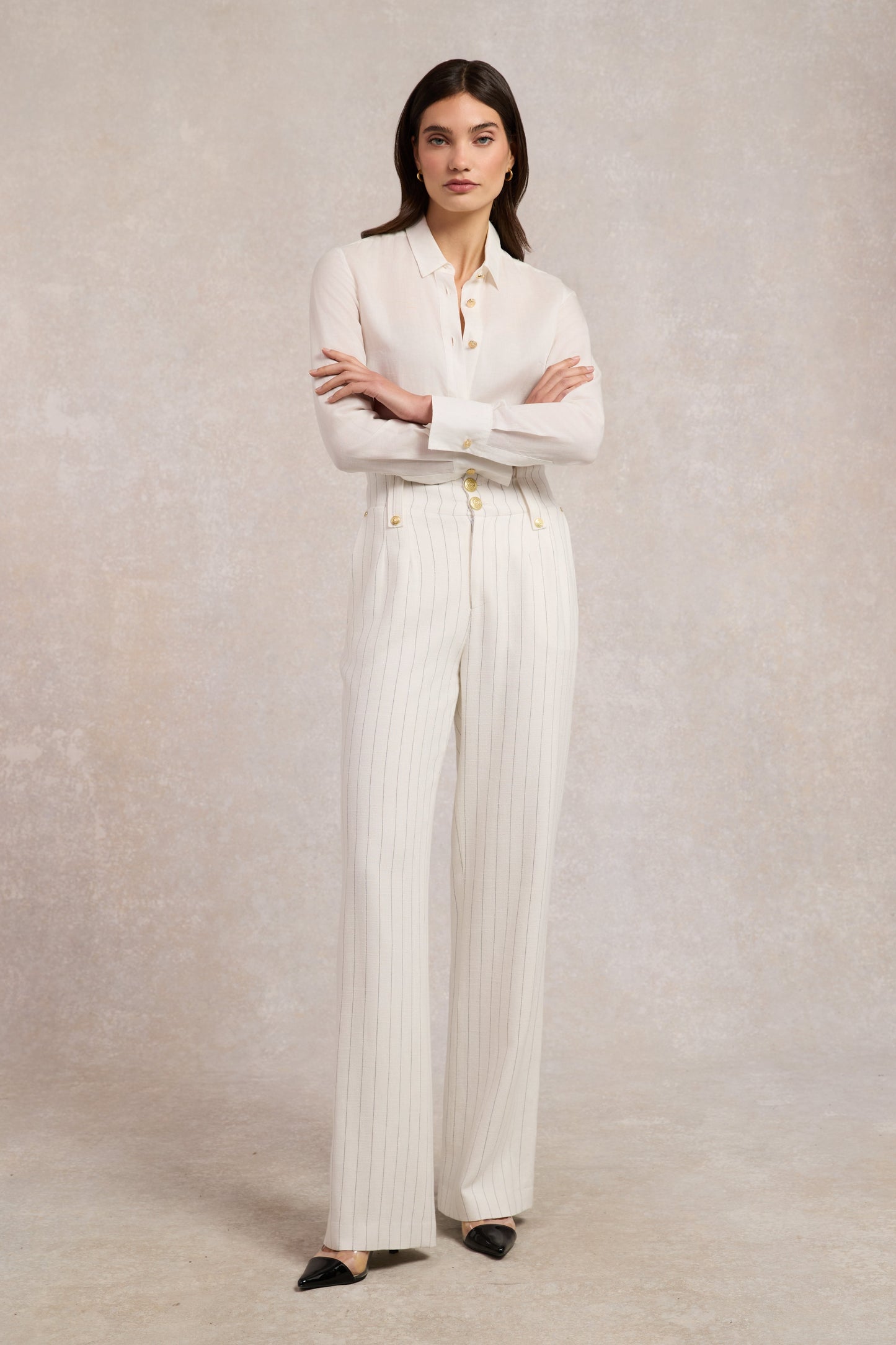 High Waisted Straight Trouser (Oyster Linen Pinstripe)