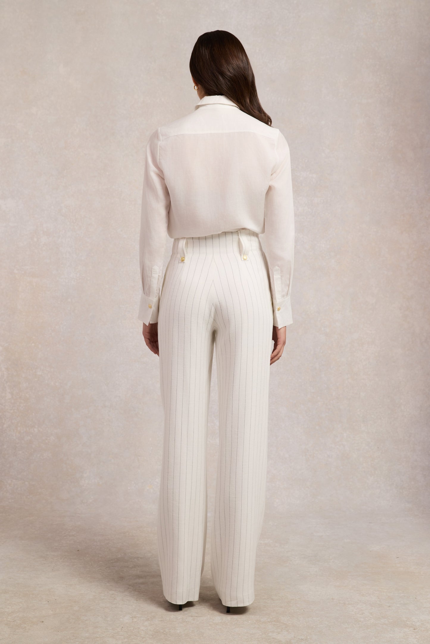 High Waisted Straight Trouser (Oyster Linen Pinstripe)