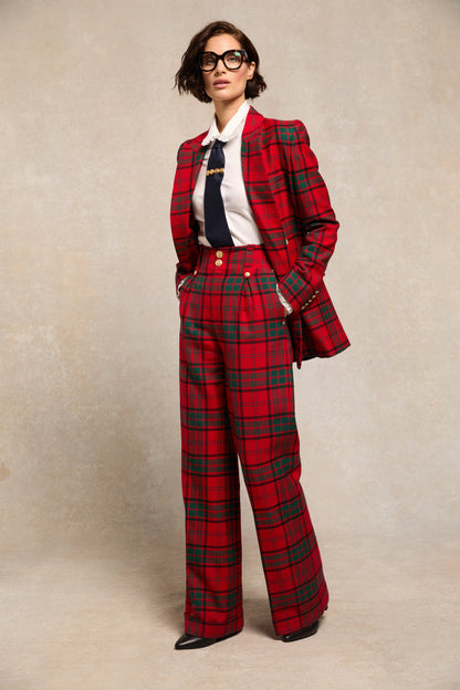 High Waisted Wide Leg Trouser - Turn Up (Red Tartan)