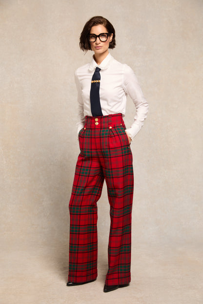 High Waisted Wide Leg Trouser - Turn Up (Red Tartan)