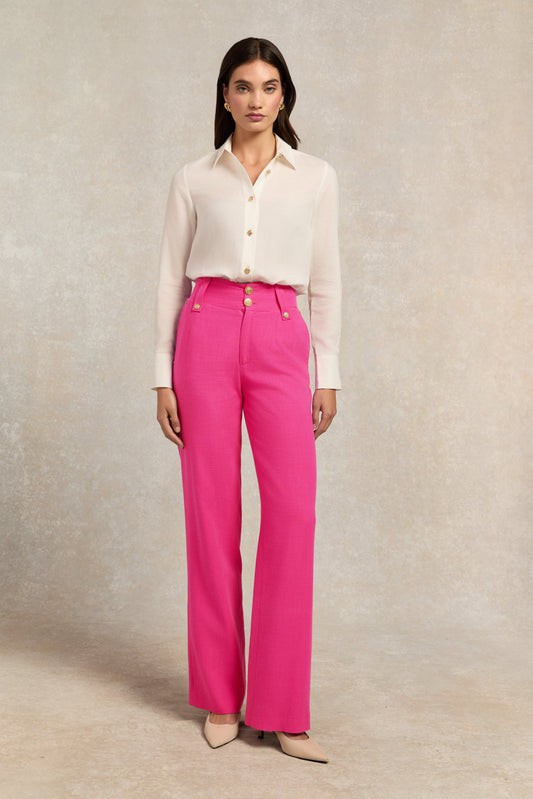High Waisted Straight Trouser (Hot Pink Linen)