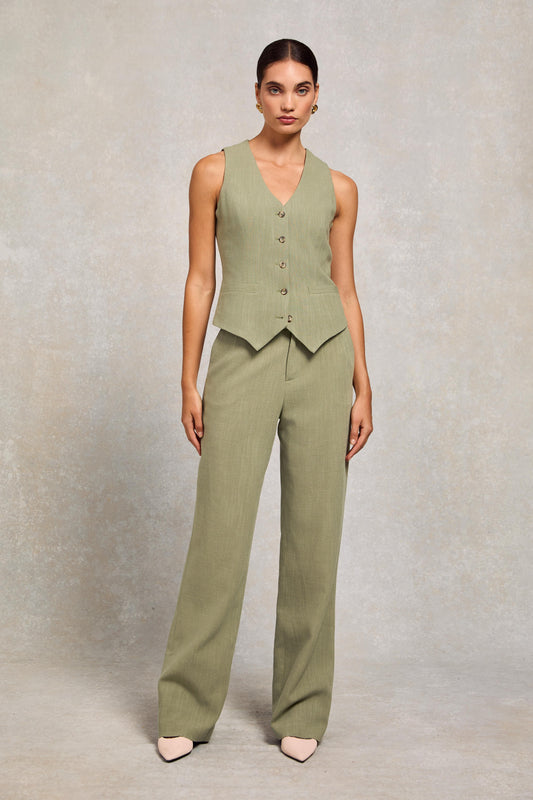 High Waisted Straight Trouser (Sage Linen)