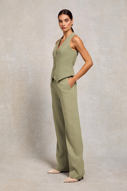 High Waisted Straight Trouser (Sage Linen)