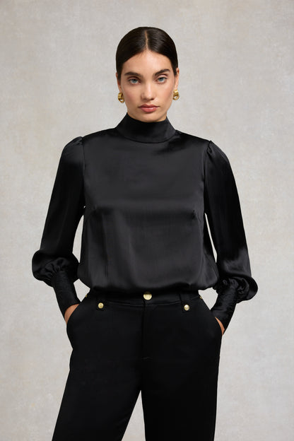 Carmen High Neck Blouse (Black Satin)