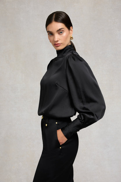 Carmen High Neck Blouse (Black Satin)