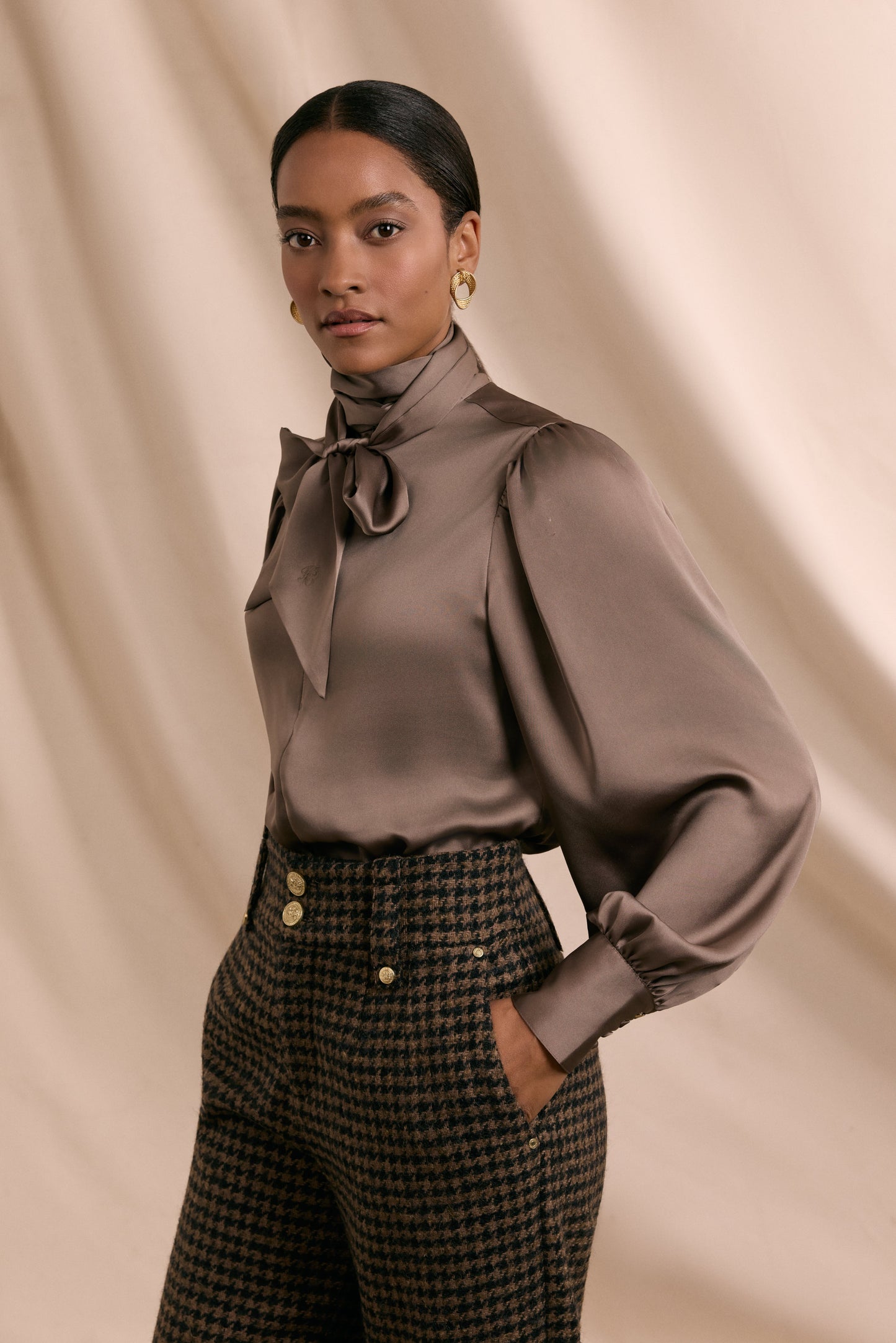 High Waisted Straight Trouser (Chocolate Houndstooth)