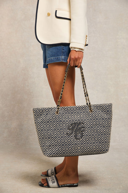 Amalfi Straw Tote (Navy Geo)