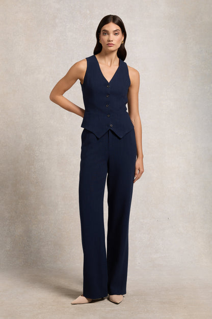 High Waisted Straight Trouser (Navy Linen)