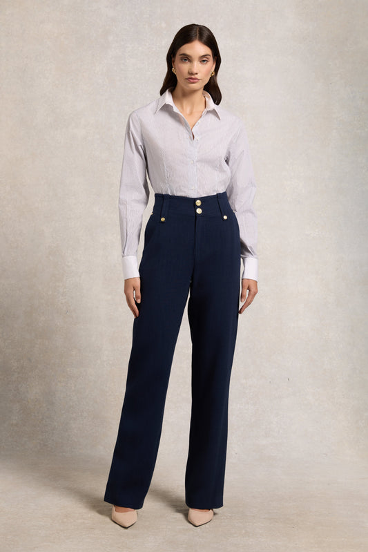High Waisted Straight Trouser (Navy Linen)