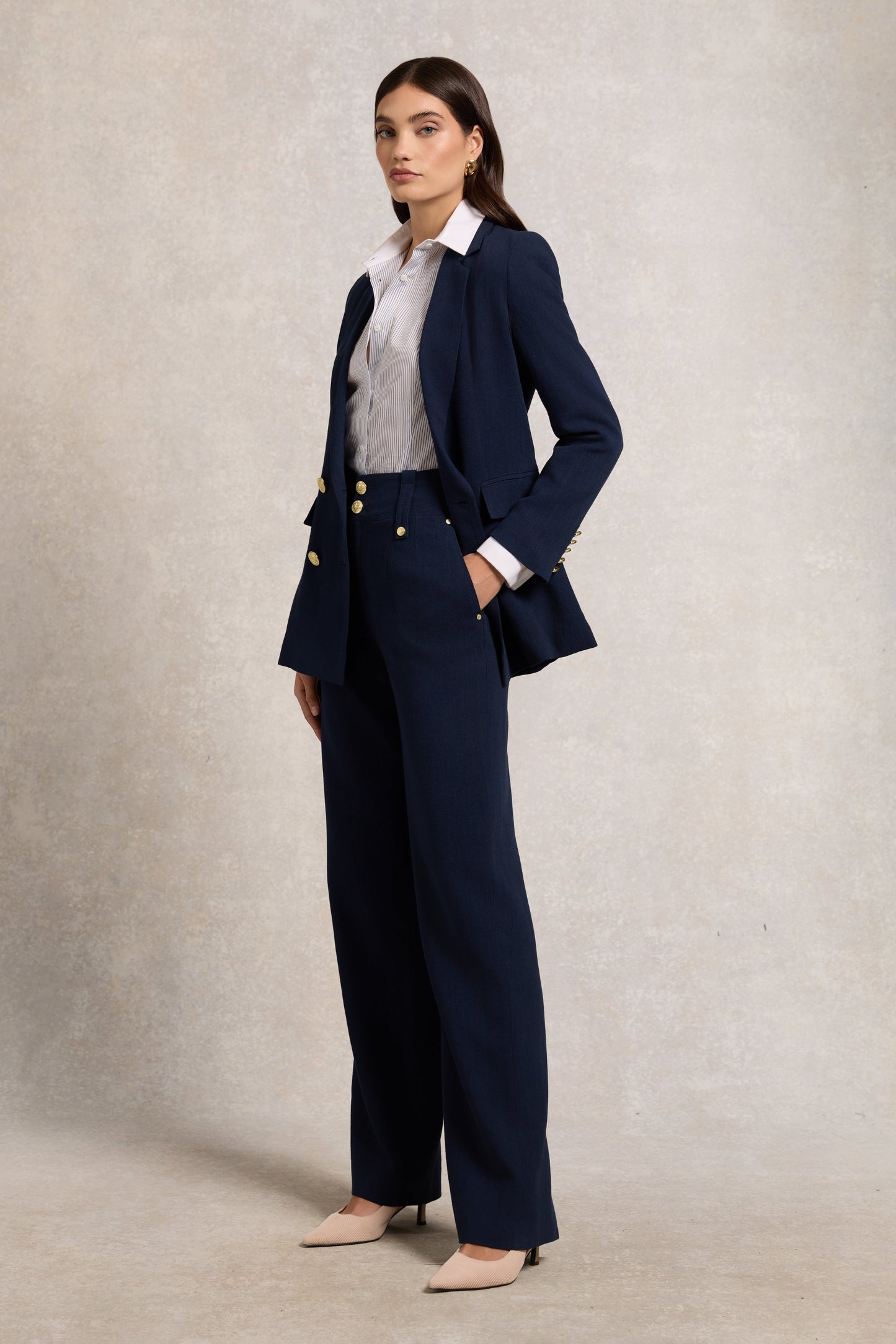 High Waisted Straight Trouser (Navy Linen)