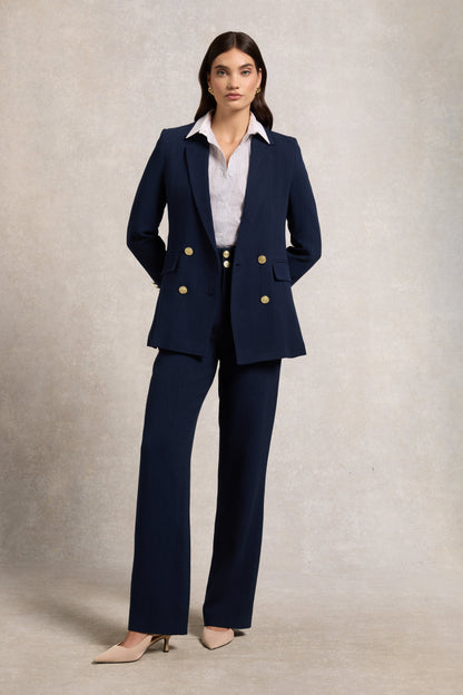 High Waisted Straight Trouser (Navy Linen)