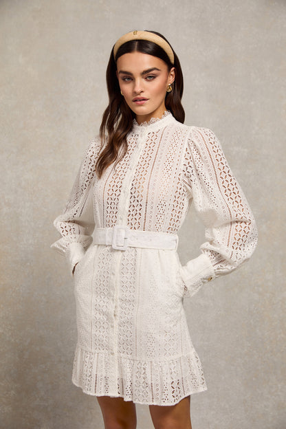 Collarless Broderie Mini Dress (White)