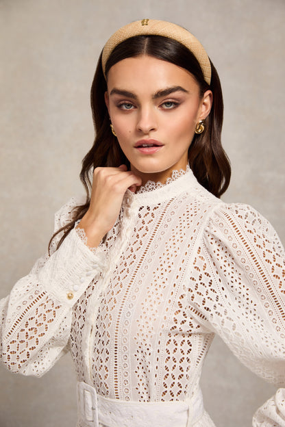 Collarless Broderie Mini Dress (White)