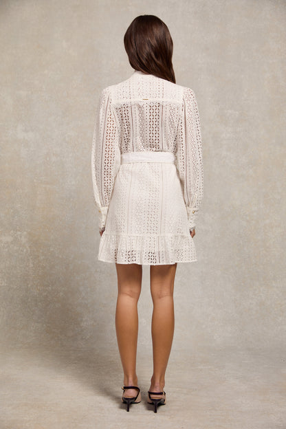 Collarless Broderie Mini Dress (White)