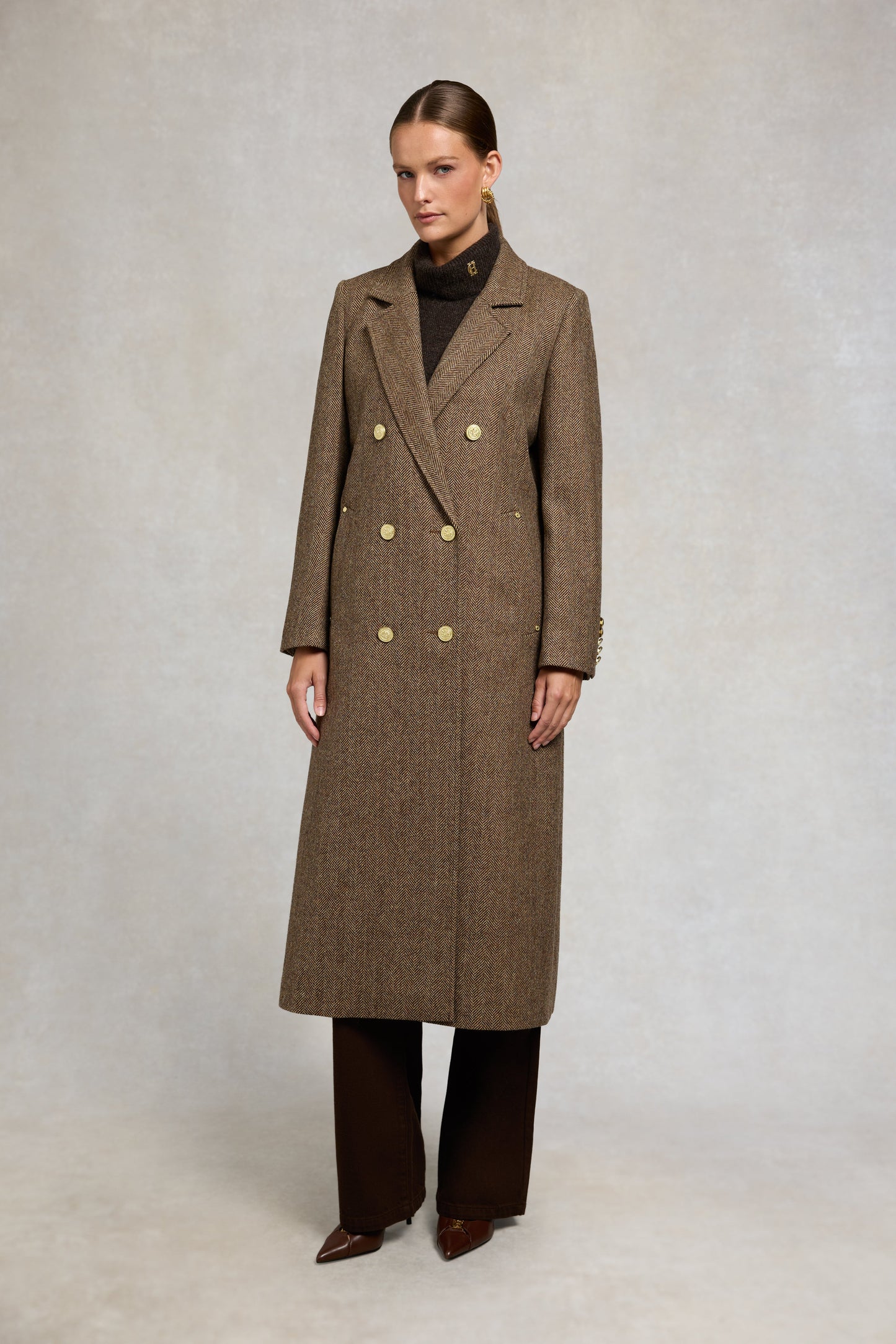 Double Breasted Coat (Large Scale Brown Herringbone)