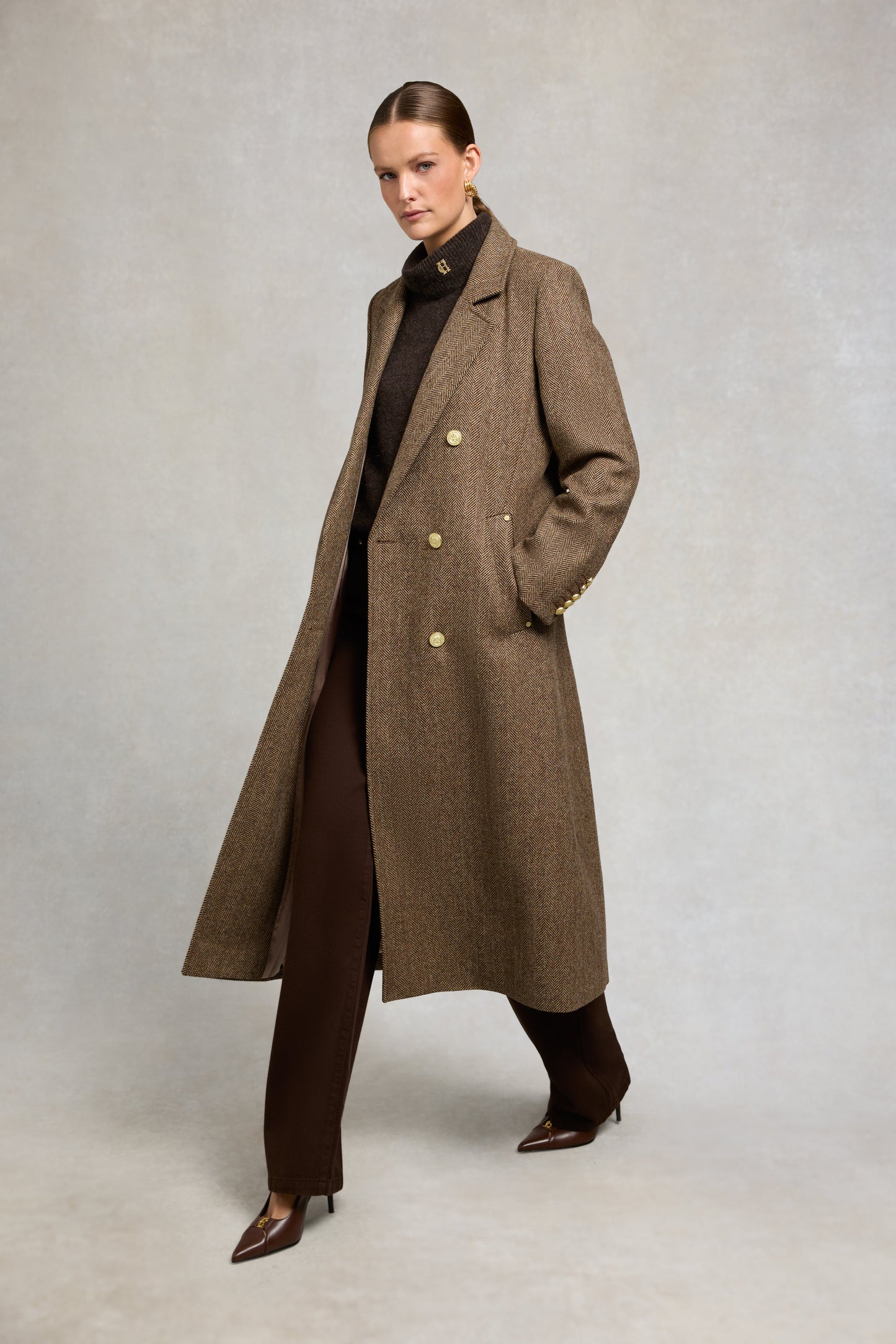 Double Breasted Coat (Large Scale Brown Herringbone)