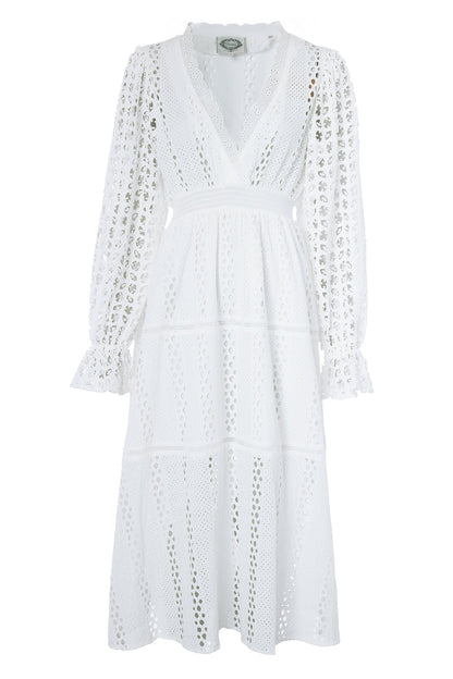 Broderie Lace V-Neck Midi Dress (White)