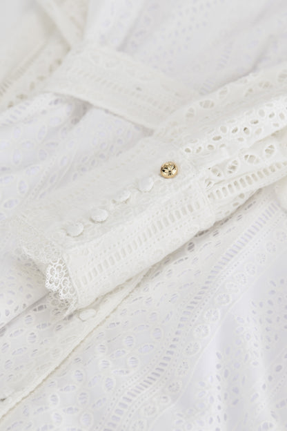 Collarless Broderie Mini Dress (White)