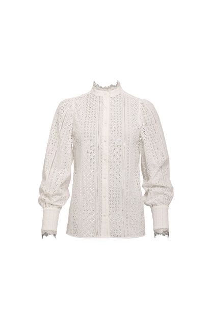 Collarless Broderie Shirt (White)