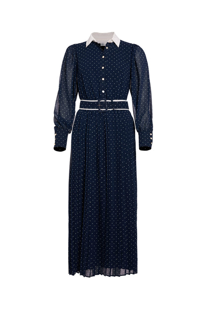 Annabel Pleated Maxi Dress (Ink Navy Polka Dot)