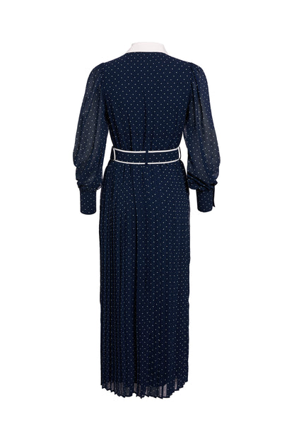 Annabel Pleated Maxi Dress (Ink Navy Polka Dot)