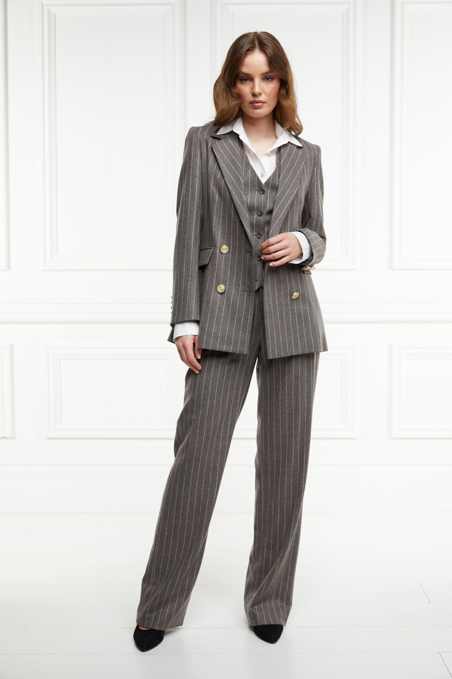 High Waisted Straight Trouser (Soft Grey Pinstripe)