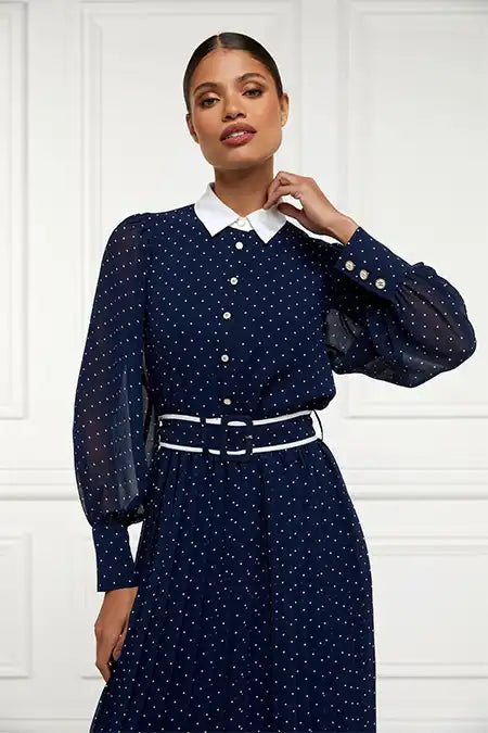 Annabel Pleated Midi Dress (Ink Navy Polka Dot)