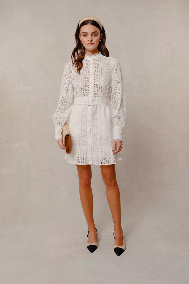 Collarless Broderie Mini Dress (White)