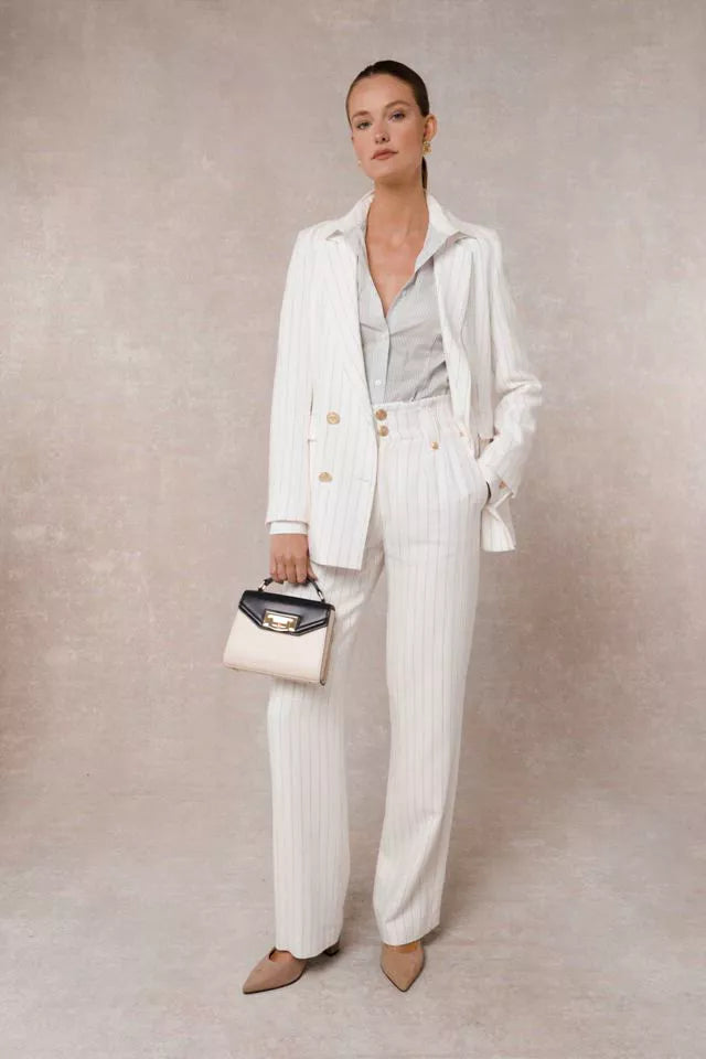High Waisted Straight Trouser (Oyster Linen Pinstripe)