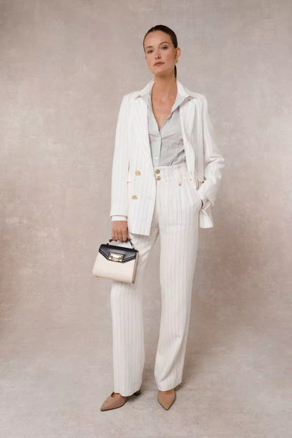 High Waisted Straight Trouser (Oyster Linen Pinstripe)