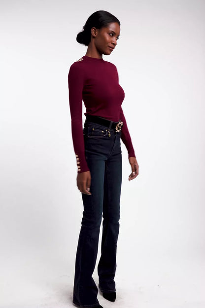 Buttoned Knit Crew Neck (Wine)
