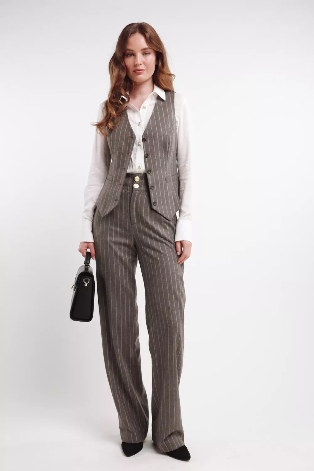 High Waisted Straight Trouser (Soft Grey Pinstripe)