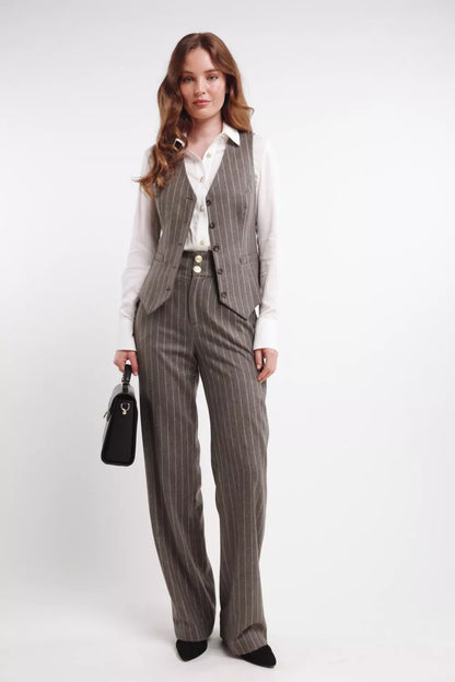 High Waisted Straight Trouser (Soft Grey Pinstripe)
